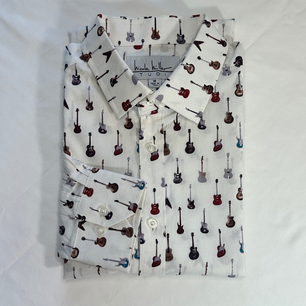 Nicole‎ Miller Studio Mens Guitar Print Button Down Shirt Medium